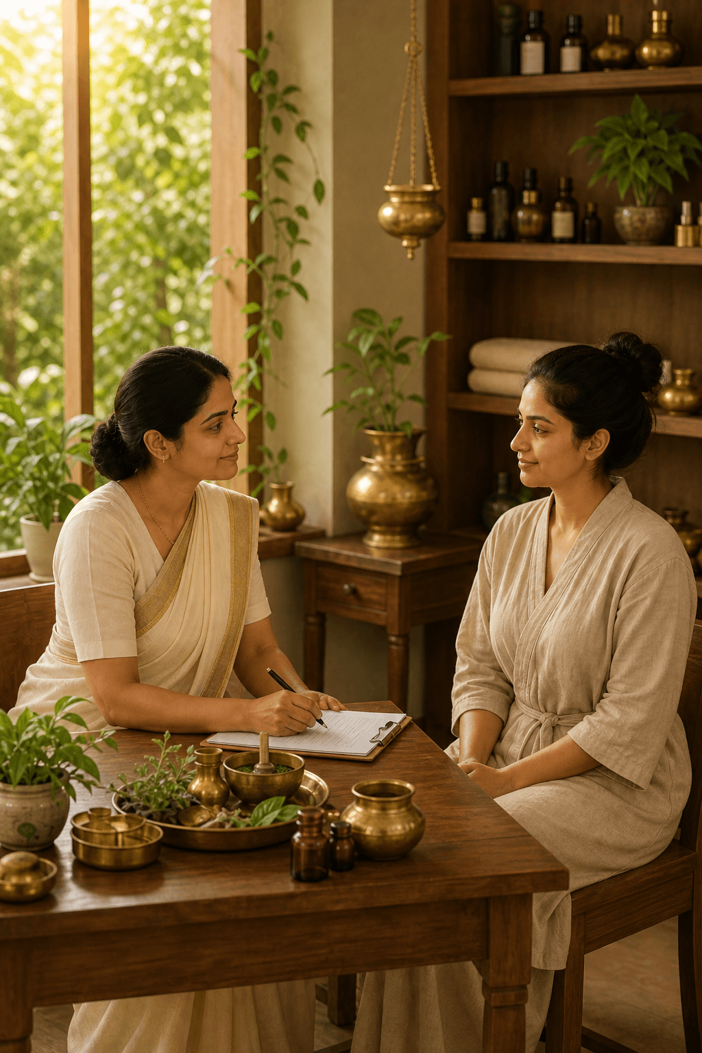 Dr. Charmi consulting with a patient during an initial Ayurvedic assessment