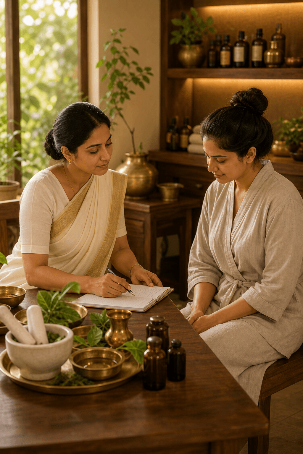 Ayurvedic doctor preparing a personalised herbal treatment plan